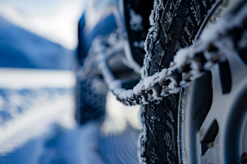 snow chains on ice road with sunny background